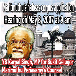 Maritmuthu habeas corpus application hearing in Shah Alam High Court on 3rd May